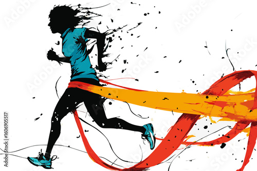 Woman runner crossing finish line, dynamic illustration, orange and blue colors, for sports websites