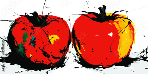Two tomatoes painted in red and yellow, a vibrant still life, for food blogs