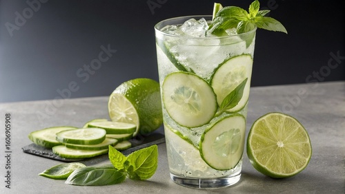 Billede på lærred Refreshing Cucumber Lime Infused Water with Fresh Mint Garnish