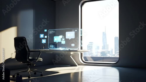 Modern Minimalist Office Interior with Panoramic Cityscape View and Bright Sunlight
