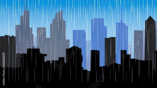 Expressive cityscape artwork with rainy skies and skyscrapers in blue and gray, offering a moody yet captivating urban view.