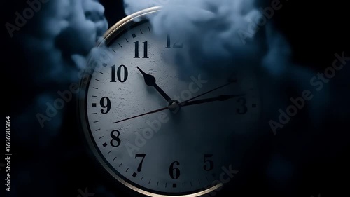 Detailed Shot of Classic Clock Engulfed in Dark Smoke, Symbolizing Time and Mystery