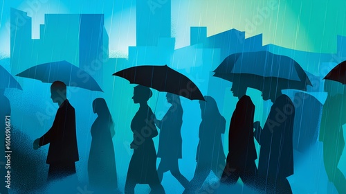Silhouetted figures walking in the rain with umbrellas, surrounded by a vibrant blue cityscape, creating a moody atmosphere of urban life and resilience in adverse weather conditions