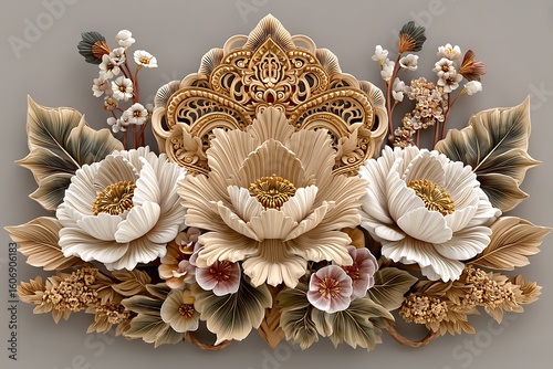 Intricate paper flower artwork in gold high resolution picture