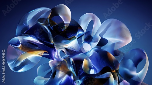 Abstract digital illustration featuring fluid shapes in shades of blue and orange, creating a dynamic composition that evokes movement and depth in a modern artistic style