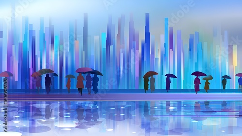Creative abstract cityscape with rain falling over tall cool-toned buildings, perfect for expressing urban life and atmosphere.