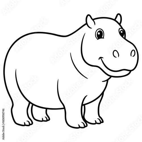 Adorable Cartoon Hippopotamus Line Art:  Cheerful, Childlike, Simple Design, Perfect for Children's Books