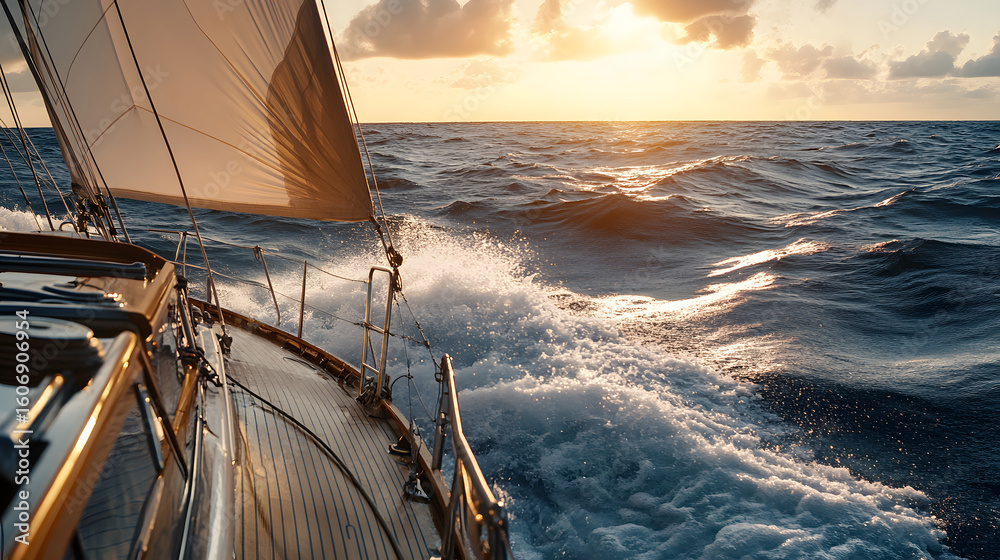 Fototapeta premium A sailboat navigates the open ocean at sunset. Close-up view of the deck and the waves crashing against the hull.