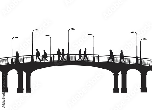 Busy Pedestrian Bridge Silhouette with Streetlights – Vector Illustration
