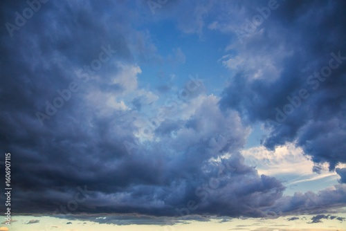 Vászonkép Dark rain clouds cover the sky, dark storm clouds high in the sky, sharp weather change, cloudy background