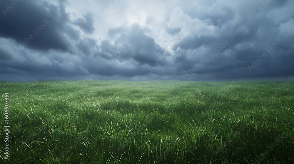 Obraz premium green grassy field under cloudy storm sky 