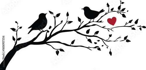 Two Birds on a Branch with Heart Silhouette Love and Romance Concept Vector Illustration