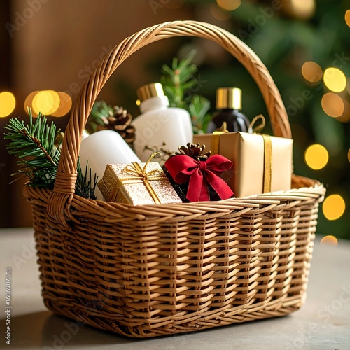 Festive gift basket with Christmas decorations