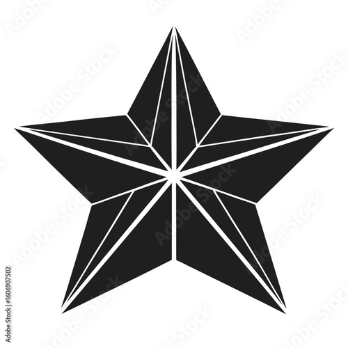 A striking black five pointed star with sharp geometric points and a luminous white outline creating a bold and modern graphic design
