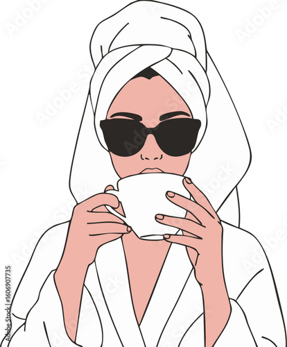 Woman in Towel and Sunglasses Drinking
