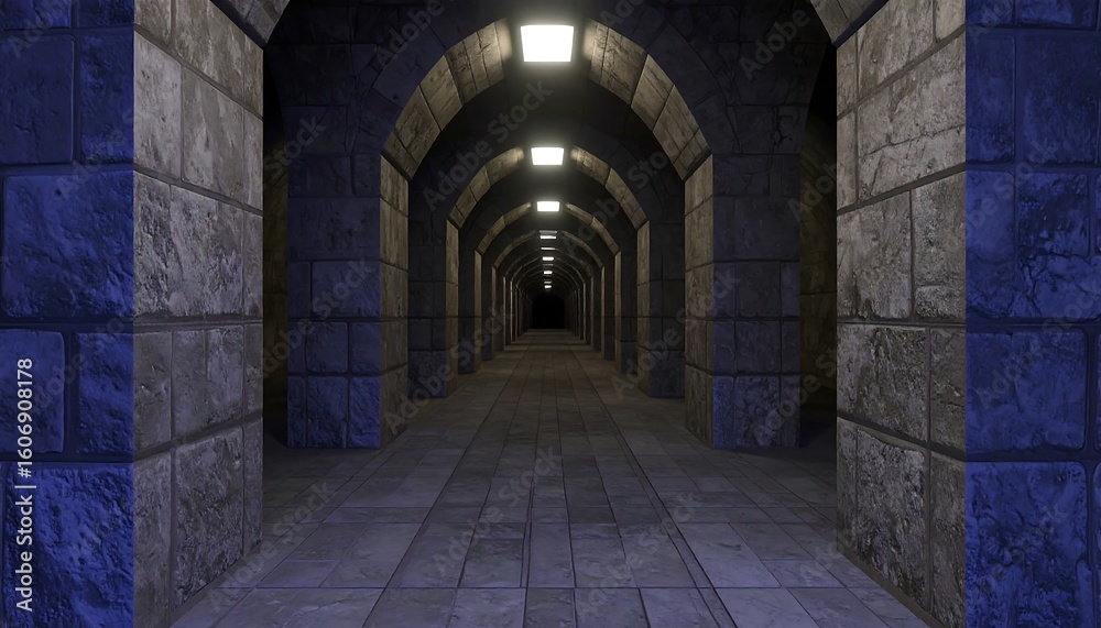 Fototapeta premium Long stone tunnel, lit dimly