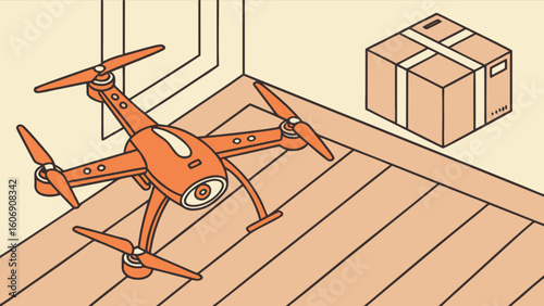 Drone delivery service concept illustration showing a drone delivering a package indoors to a customer home