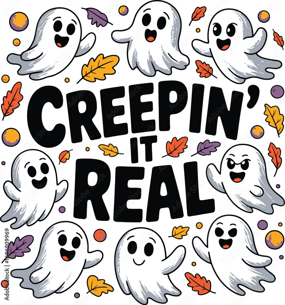 Fototapeta premium Playful Halloween Ghost Illustration: Autumn Leaves, Quirky Style, Spooky Fun