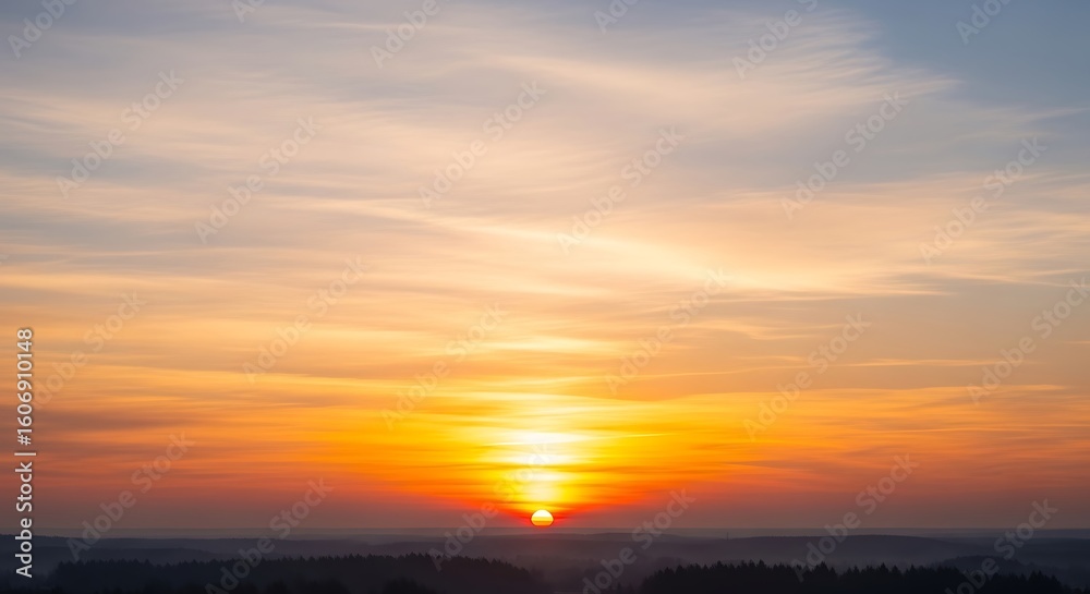 Fototapeta premium A vibrant sunset with orange and yellow hues painting the sky above a dark silhouetted landscape