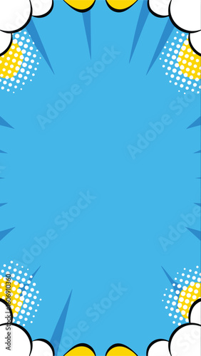 Pop Art Comic Book Design: Dynamic, vibrant background of a comic book page layout, perfect for conveying action, drama, and creative expression, complete with speech bubbles and starburst elements