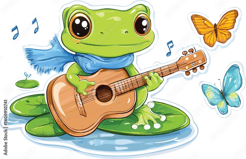 Naklejka premium Cartoon Frog Playing Guitar on Lily Pad with Butterflies and Musical Notes Illustration