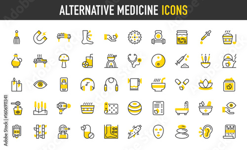 Alternative medicine vector icons. Magnet, Ying Yang, Jumping Rope, Lotus Flower, Cupping, Herbal, Massager, Spa, Sauna, Ear Acupuncture, Drug, Massage Ball illustration.	
