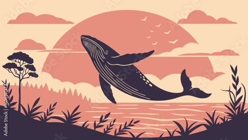 Whale watching illustration of a humpback whale breaching at sunset ocean scene vector graphic design