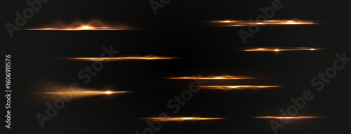 Horizontal light streak PNG with glowing golden rays and particles. Abstract motion blur energy effect on black background. Ideal for sci-fi, overlays, magic beams, and cinematic design.