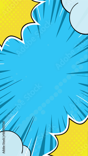 Comic Style Burst Frame: A dynamic and vibrant pop art illustration featuring a comic style burst frame with bright blue and yellow elements, perfect for conveying excitement or action.