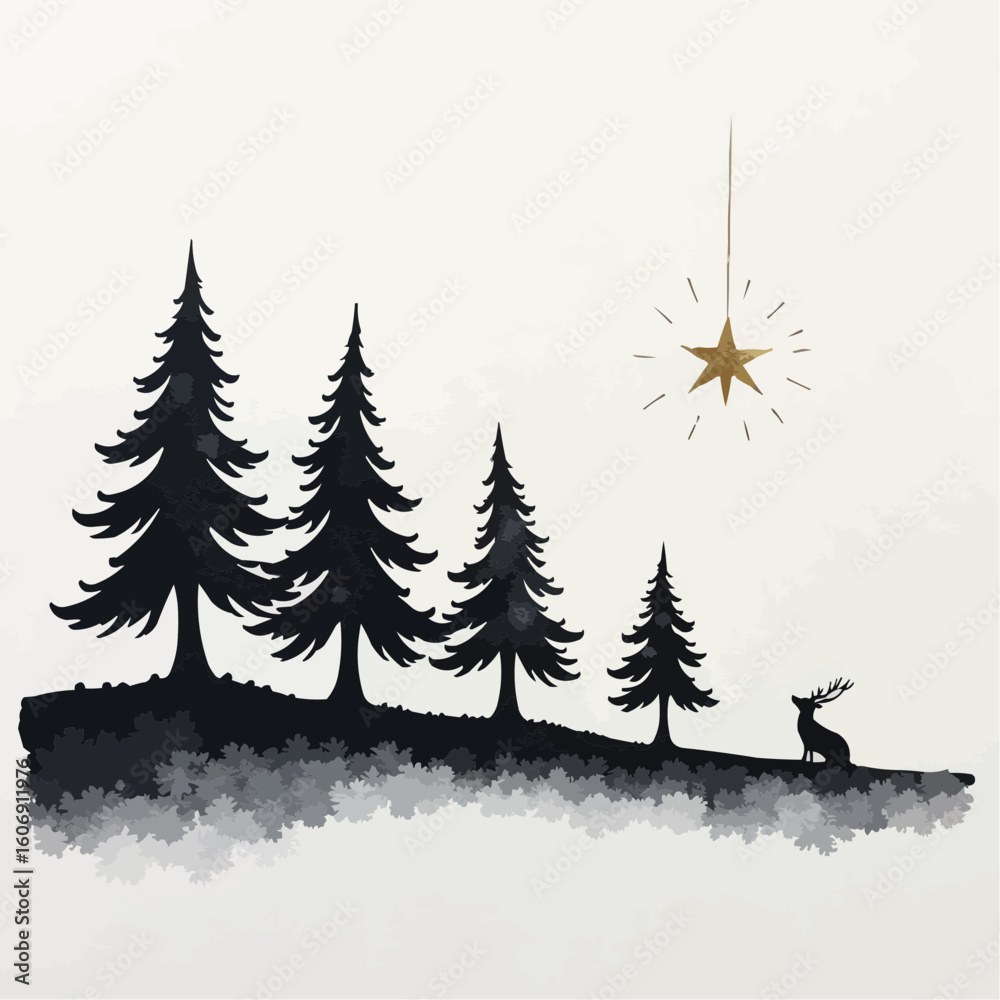 Obraz premium Silhouette of pine trees and a deer with a golden star for winter themes and festive decorations