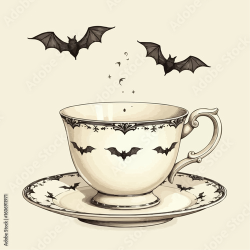Illustration of a teacup with bats for Halloween themes and whimsical art