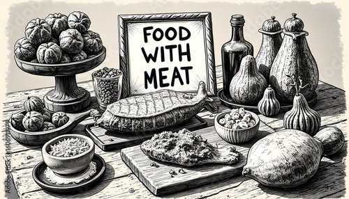 Scratchboard drawing of food with meat on wooden table setup  