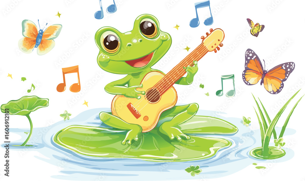 Fototapeta premium Cartoon Frog Playing Guitar on Lily Pad with Butterflies and Music Notes Illustration