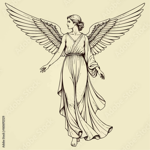 Elegant angel with wings in flowing dress on a soft background for artistic inspiration
