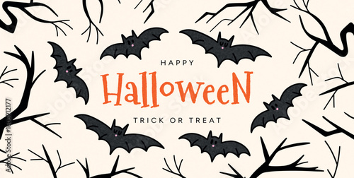 Flying bats around Happy Halloween lettering, surrounded by dark spooky tree branches. Night forest concept. Vector illustration for Halloween greeting card, party invite or seasonal banner, promo