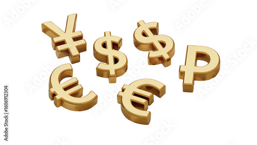 Gleaming gold currency symbols like USD, Euro, Yen, and Ruble signify global finance and wealth.