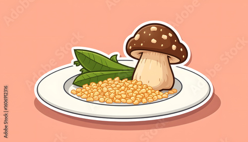 Cute cartoon mushroom and barley plate on solid color background  