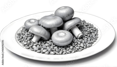 Graphite drawing of mushrooms on plate with barley seeds  