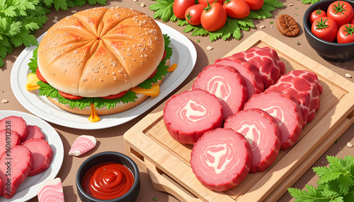 Colorful food spread with burger, sliced meats, and fresh vegetables  