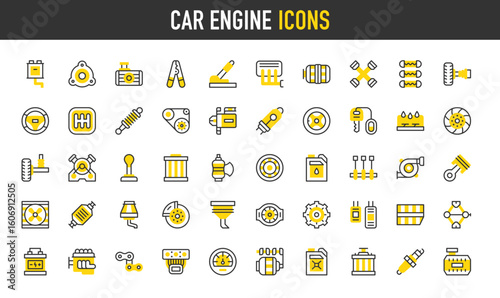 Car engine vector icons. Strut Mounting, Brake, Bearing, Belt, Window, Oil, Oil Filter, Piston, Gear, Wheel, Battery, Crankshaft, Damper, Pliers, Suspension, Cooler illustration.