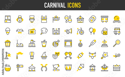 Carnival vector icons. Balloon, Ticket, Clown, Bumper Car, Clown Hat, Noisemaker, Circus Tent, Headband, Cannon, Drum, Firework, Booth, Fair Ship, Crown, Showman illustration.	
