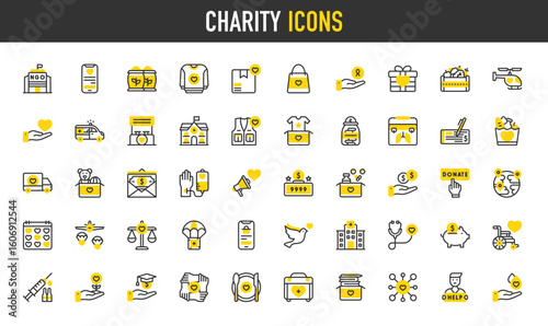 Charity vector icons. Stethoscope, Give Money, Megaphone, Piggy Bank, Needy, Helping, Medicine, Ngo, Cheque, Toys, World, Vegetables, Donate, Food, Scholarship illustration.	
