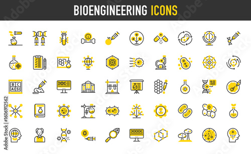 Bioengineering vector icons. Metabolism, Checklist, Cell Division, Microorganisms, Consciousness, Mutation, Dna, Nano Technology, Scientific, Biology, Brain, Drugs illustration.	
