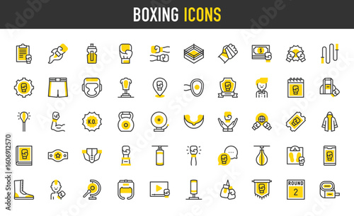 Boxing vector icons. Round, Fist, Clipboard, Winner, Scale, Boxing Glove, Ring, Belt, Muscle, Shorts, Gum Shield, Chat, Punch Ball, Smartphone, Shoes, Gong, Helmet illustration.	