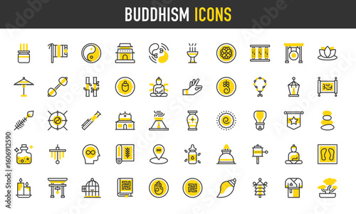 Buddhism vector icons. Sanctuary, Spiritual Wellness, Stones, Conch Shell, Essential Oil, Buddha, Meditation, Vajra, Pagoda, Book, Candles, Shrine, Bird Cage illustration.	
