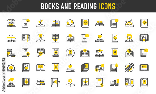 Books and reading vector icons. Example, PDF, Education, Audio Book, Book, Apple, Idea, Manual Book, Price, Ripped, Book Shelf, Ebook, Sale, Growth, Bible, Glasses illustration.	
