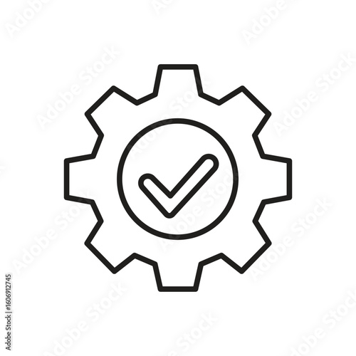 Gear with check mark icon vector in flat outline style representing approved setting confirmed process configuration success system or quality control
