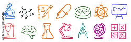 Science Research Related Icons Crayon Chalk Doodle Drawing Vector Set