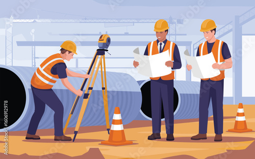 A modern flat vector illustration of workers in a factory ensuring safety on the production line.