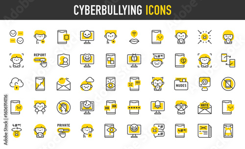Cyberbullying vector icons. Overthinking, Report, Pressure, Camera, No Aggression, Hacker, Smartphones, Sad, Scam, Protection, Password, Attack illustration.	
